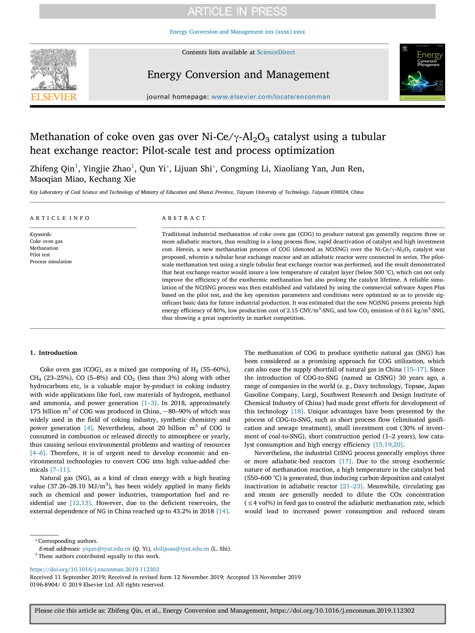 Methanation of coke oven gas over Ni-Ce/γ-Al2O3 catalyst using a tubular heat exchange reactor: Pilot-scale test and process optimization.